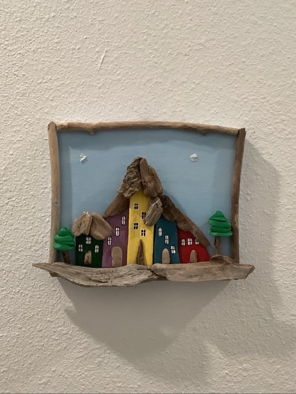 Driftwood Art,Framed Driftwood Houses With Seashell Trees and Birds